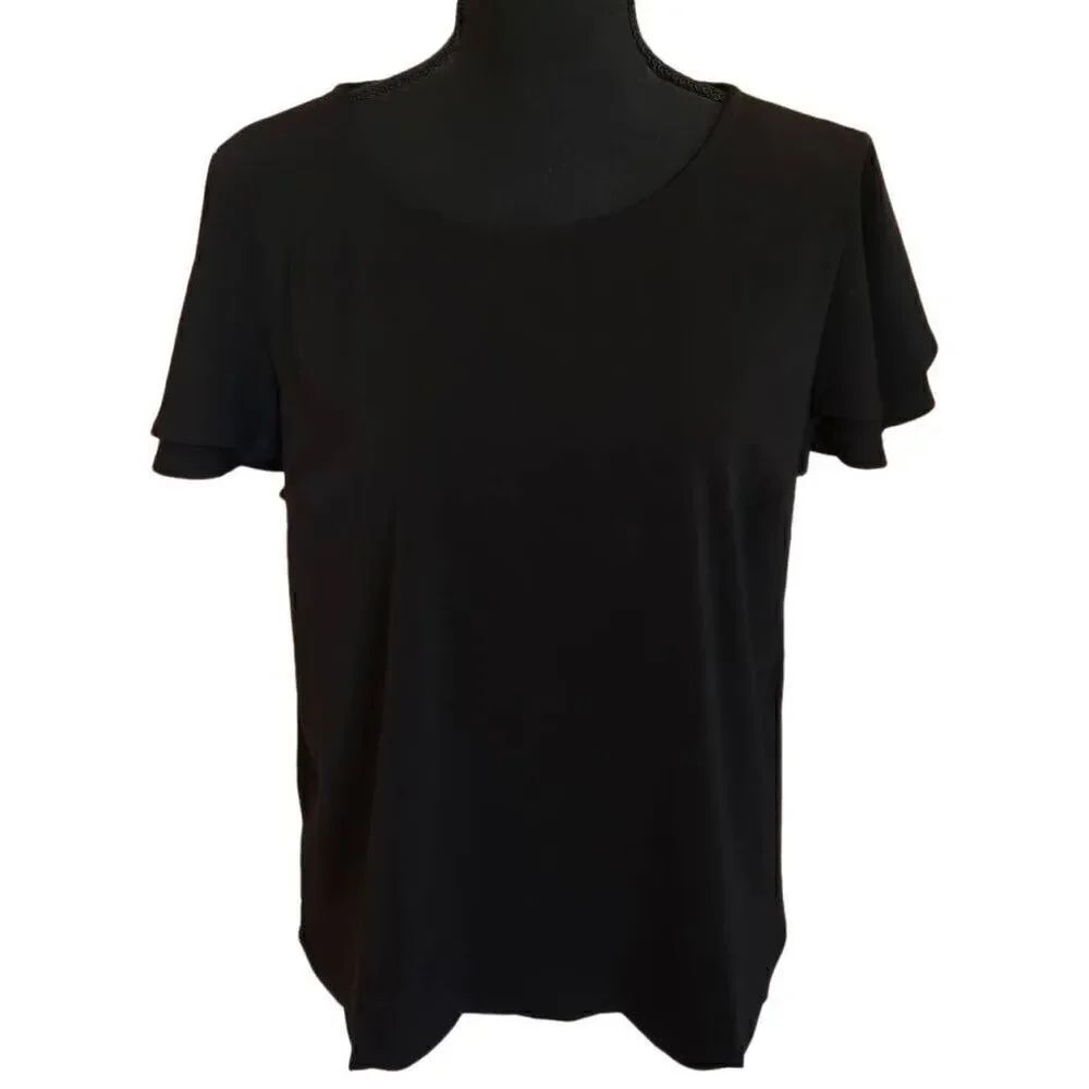 Versona Womens Crew Neck  Scallop Hem Short Flutter Sleeve Top Black Size Medium